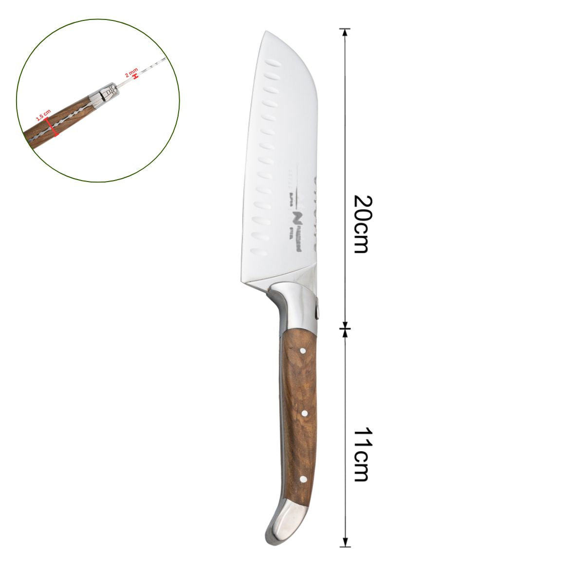 Cutit Santoku profesional, din otel inoxidabil, 31 cm, Naimeed D6838, Maro deschis
