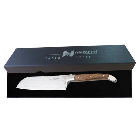 Cutit Santoku profesional, din otel inoxidabil, 31 cm, Naimeed D6838, Maro deschis