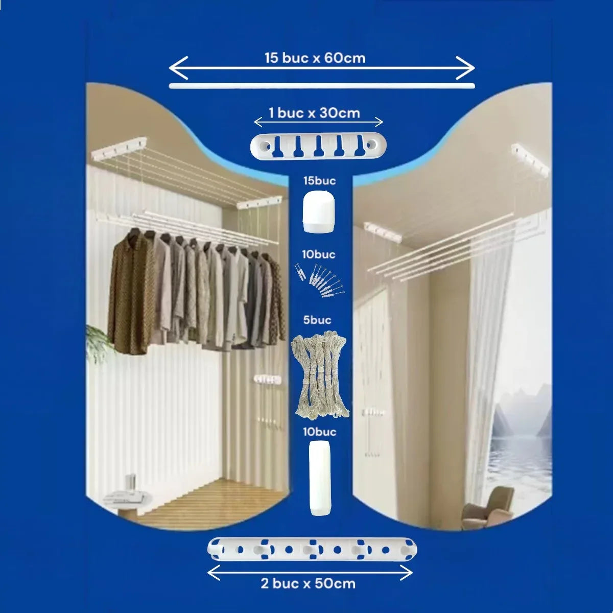 Uscator rufe de tavan, metalic, 5 bare, Naimeed D6840, 180x50x320cm, Alb - 221.ro