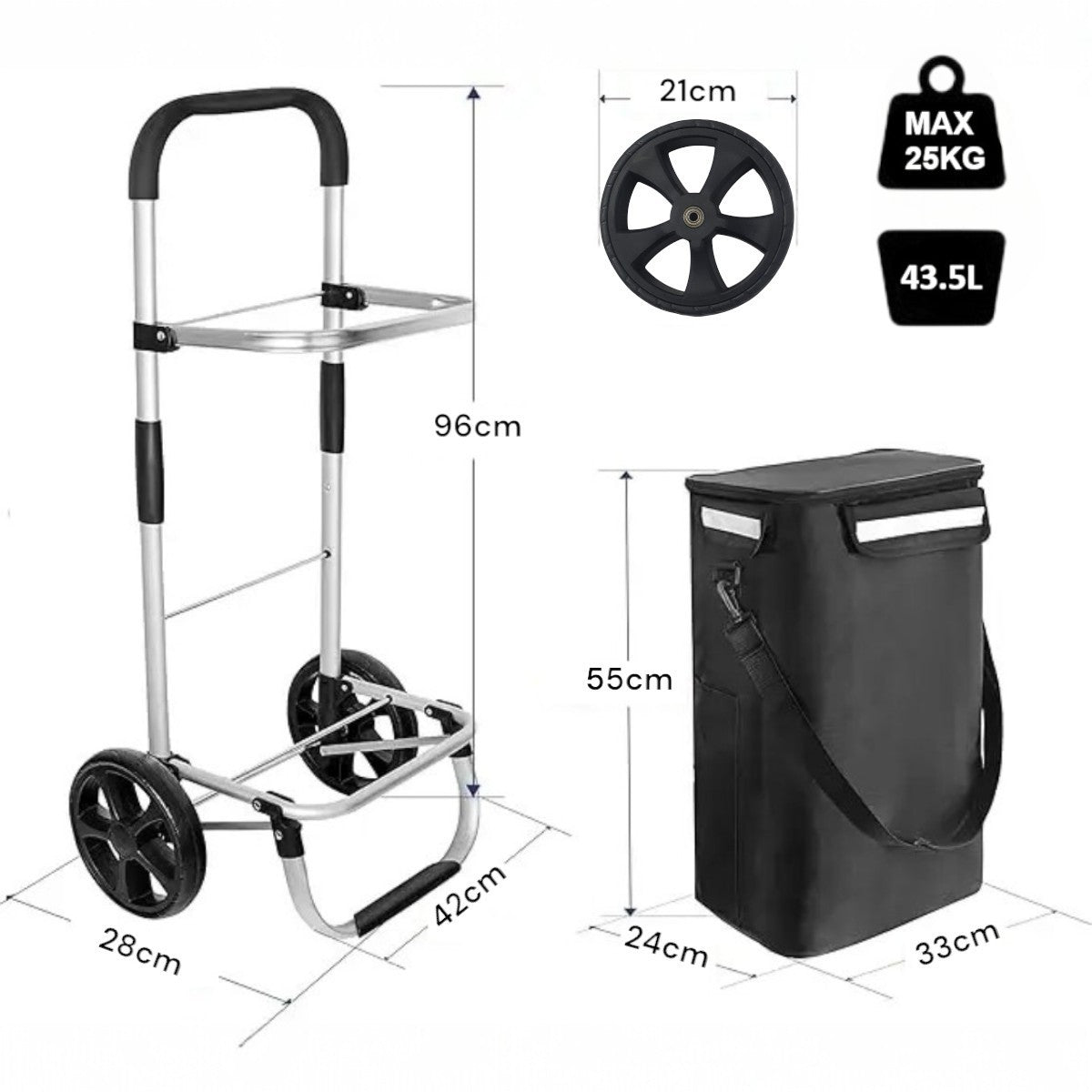 Carucior cumparaturi pliabil cu 2 roti rezistente si sac textil impermeabil, detasabil cu 2 buzunare laterale, Naimeed D6868, capacitate 43.5L, 96x42x28cm, Negru