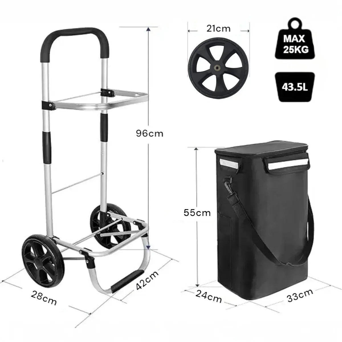 Carucior cumparaturi pliabil cu 2 roti rezistente si sac textil impermeabil, detasabil cu 2 buzunare laterale, Naimeed D6868, capacitate 43.5L, 96x42x28cm, Negru - 221.ro