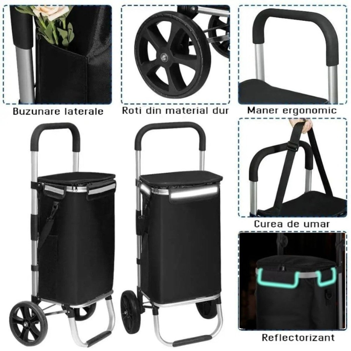 Carucior cumparaturi pliabil cu 2 roti rezistente si sac textil impermeabil, detasabil cu 2 buzunare laterale, Naimeed D6868, capacitate 43.5L, 96x42x28cm, Negru