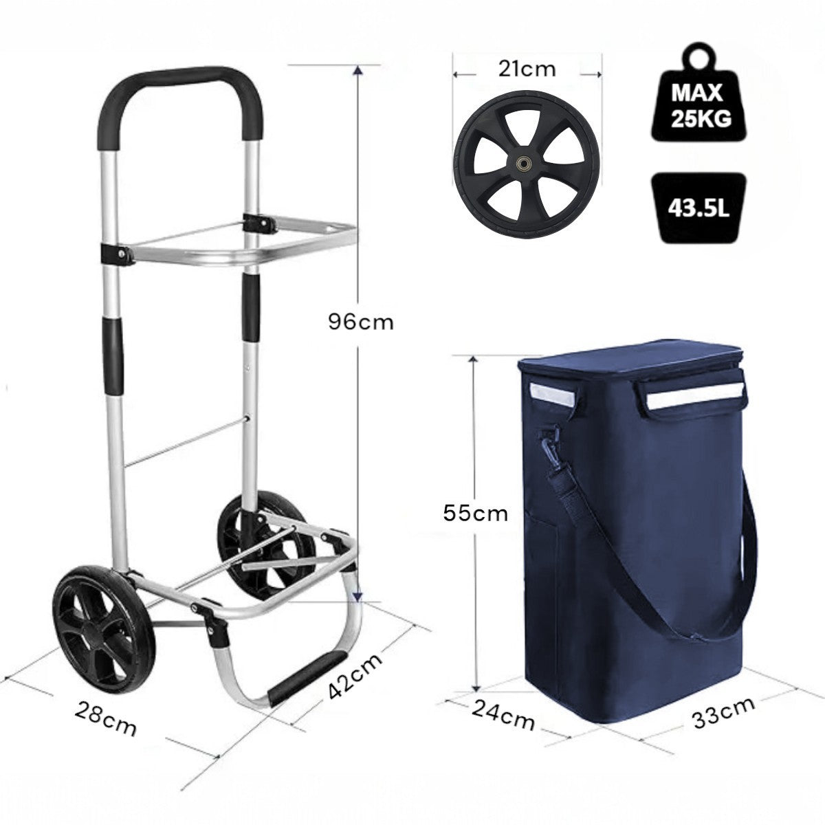 Carucior cumparaturi pliabil cu 2 roti rezistente si sac textil, detasabil cu 2 buzunare laterale, Naimeed D6869, capacitate 43.5L, 96x42x28cm, Albastru