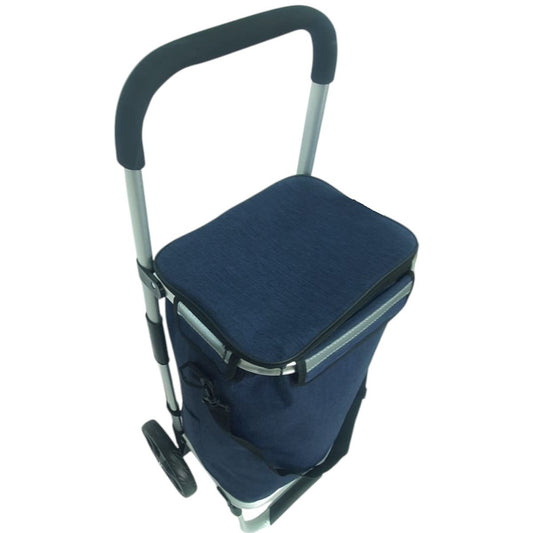 Carucior cumparaturi pliabil cu 2 roti rezistente si sac textil, detasabil cu 2 buzunare laterale, Naimeed D6869, capacitate 43.5L, 96x42x28cm, Albastru