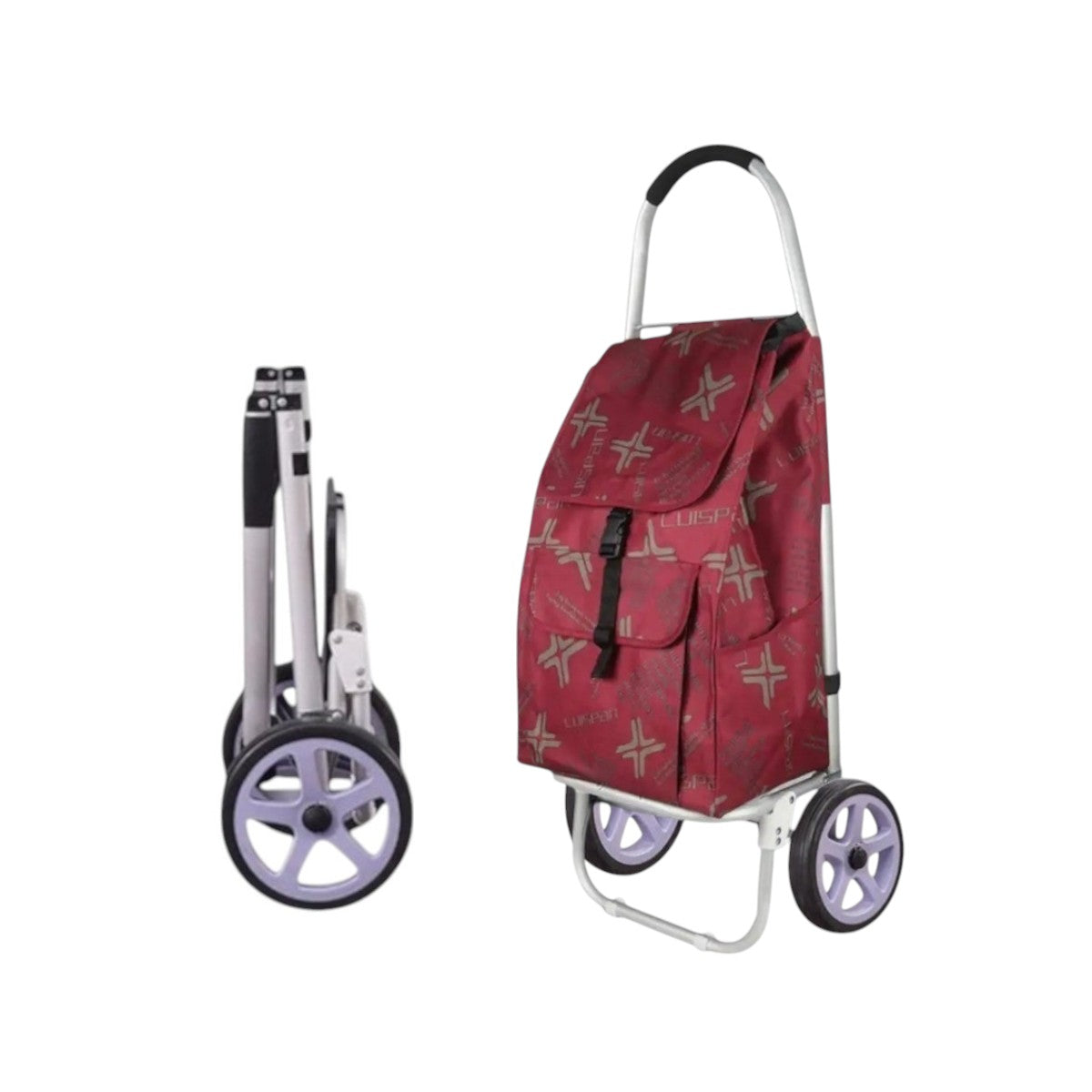 Carucior cumparaturi pliabil cu 2 roti rezistente si sac textil, detasabil cu 2 buzunare laterale, Naimeed D6870, capacitate 49L, 100x45x34cm, Rosu