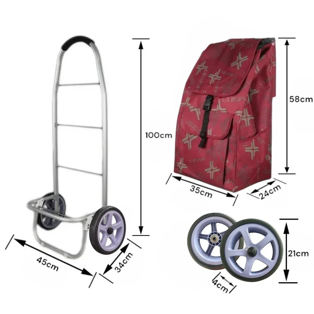 Carucior cumparaturi pliabil cu 2 roti rezistente si sac textil, detasabil cu 2 buzunare laterale, Naimeed D6870, capacitate 49L, 100x45x34cm, Rosu - 221.ro