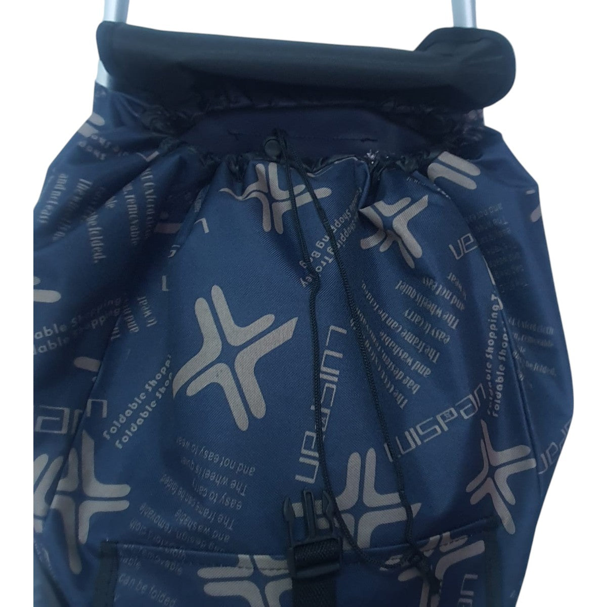 Carucior cumparaturi pliabil cu 2 roti rezistente si sac textil, detasabil cu 2 buzunare laterale, Naimeed D6871, capacitate 49L, 100x45x34cm, Albastru