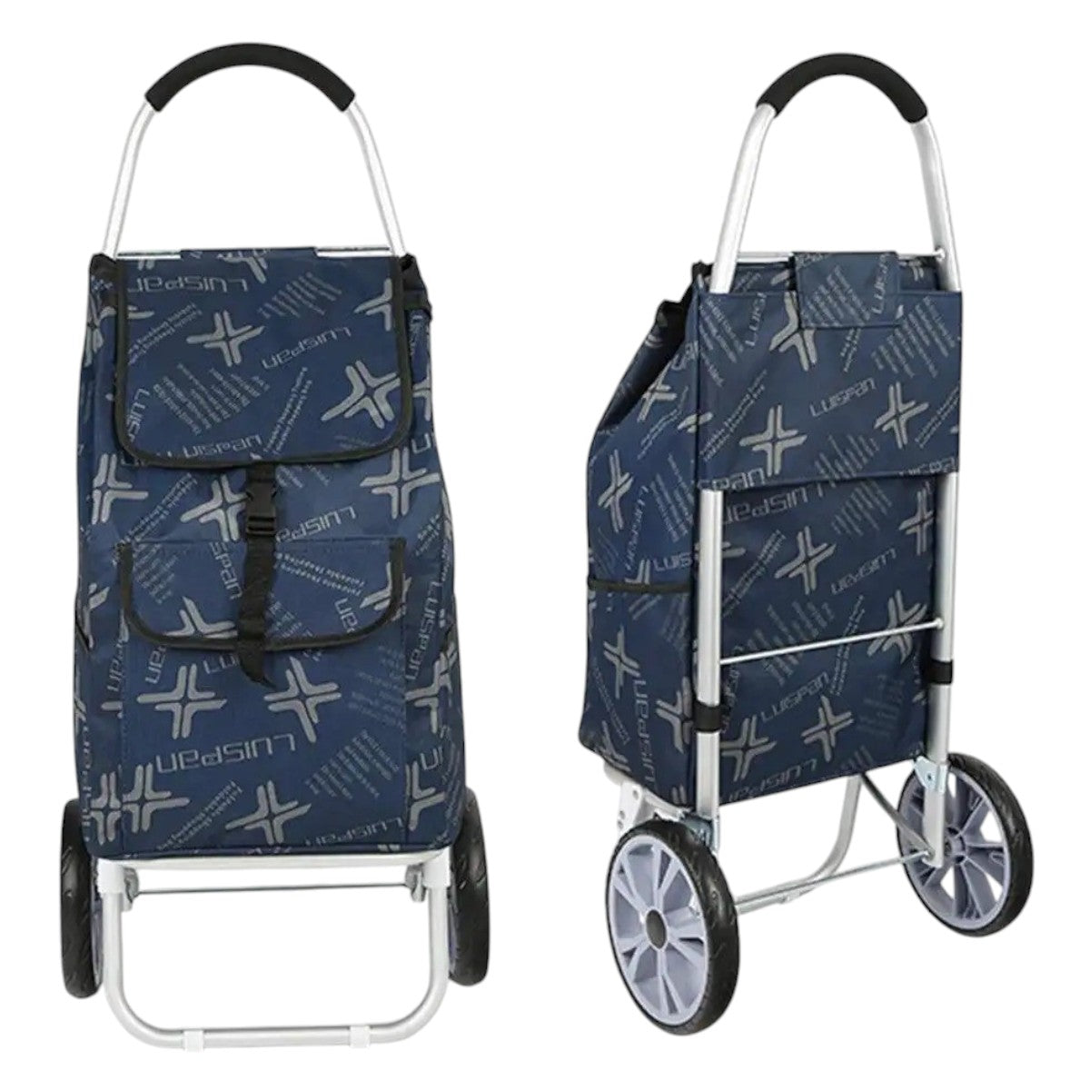 Carucior cumparaturi pliabil cu 2 roti rezistente si sac textil, detasabil cu 2 buzunare laterale, Naimeed D6871, capacitate 49L, 100x45x34cm, Albastru