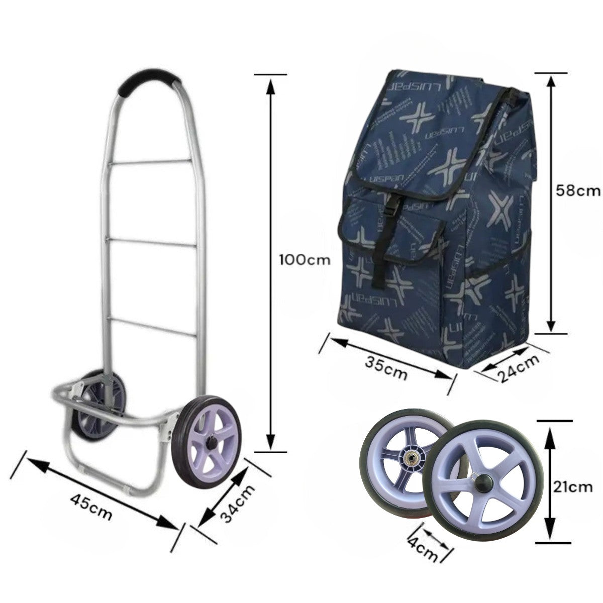 Carucior cumparaturi pliabil cu 2 roti rezistente si sac textil, detasabil cu 2 buzunare laterale, Naimeed D6871, capacitate 49L, 100x45x34cm, Albastru