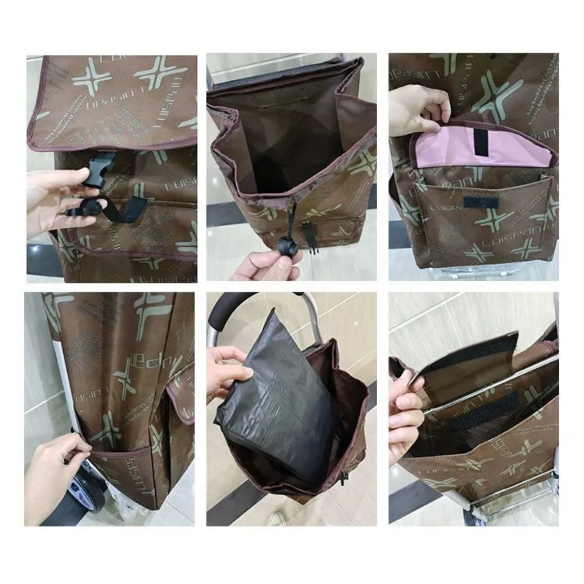 Carucior cumparaturi pliabil cu 2 roti rezistente si sac textil, detasabil cu 2 buzunare laterale, Naimeed D6872, capacitate 49L, 100x45x34cm, Maro
