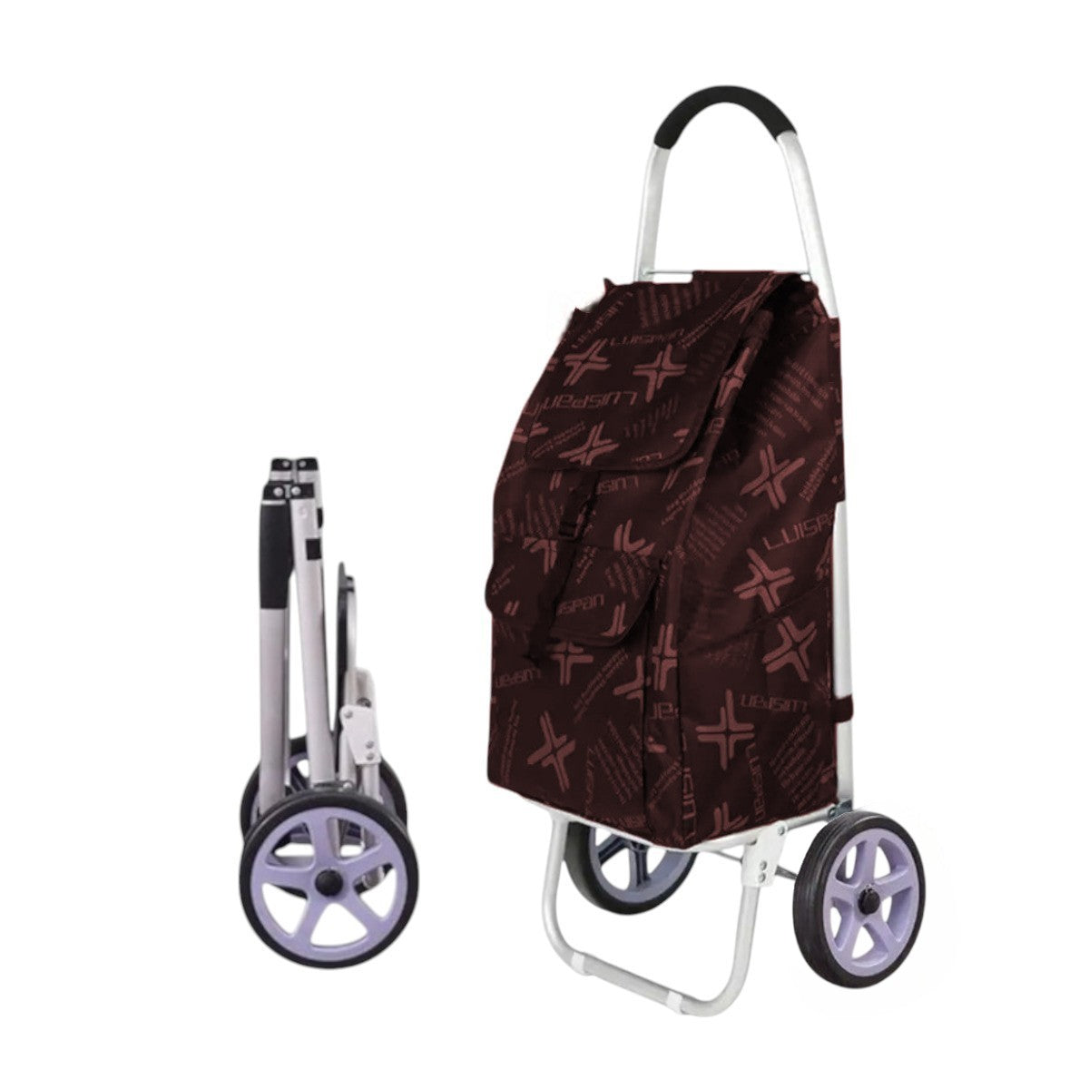Carucior cumparaturi pliabil cu 2 roti rezistente si sac textil, detasabil cu 2 buzunare laterale, Naimeed D6872, capacitate 49L, 100x45x34cm, Maro