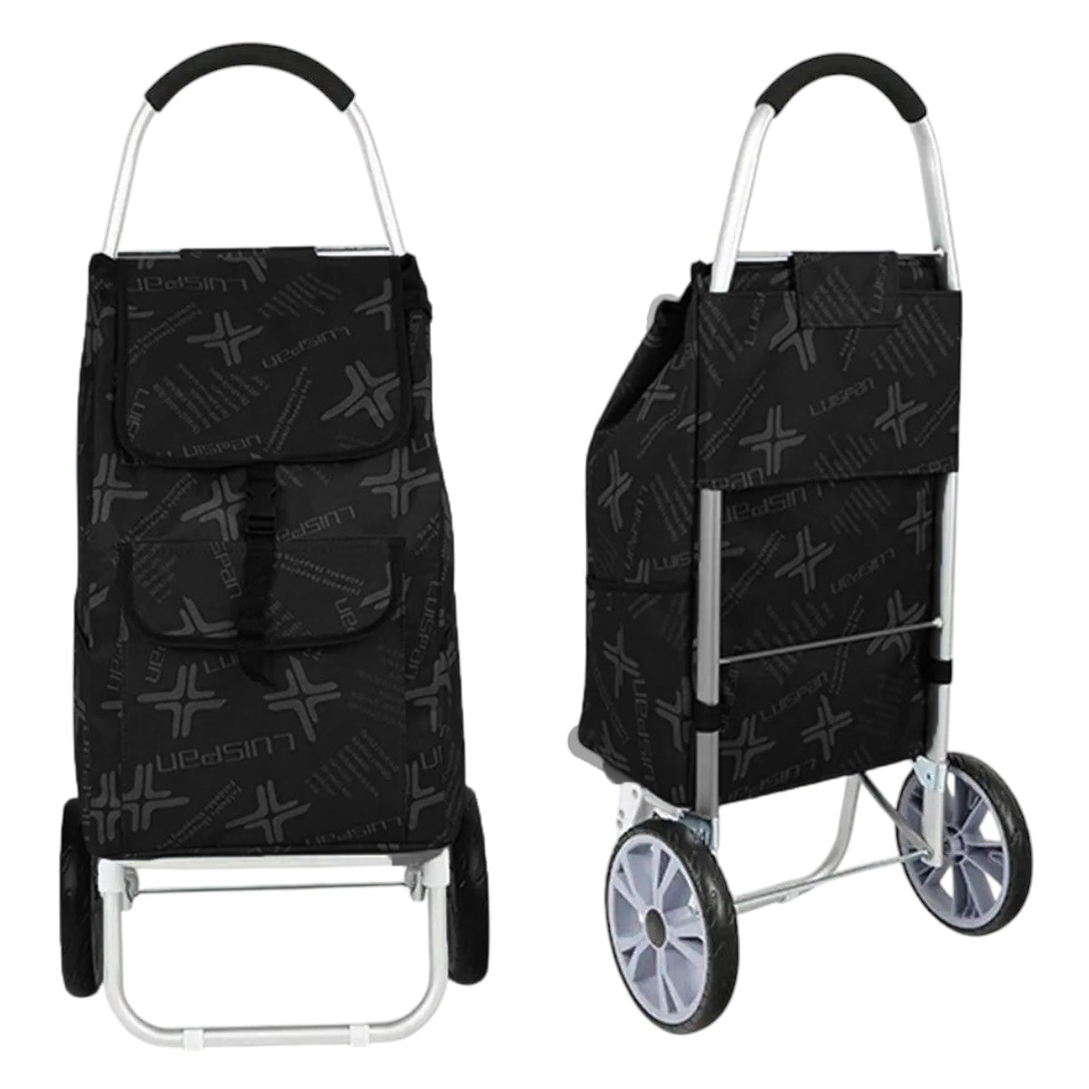 Carucior cumparaturi pliabil cu 2 roti rezistente si sac textil, detasabil cu 2 buzunare laterale, Naimeed D6873, capacitate 49L, 100x45x34cm, Negru