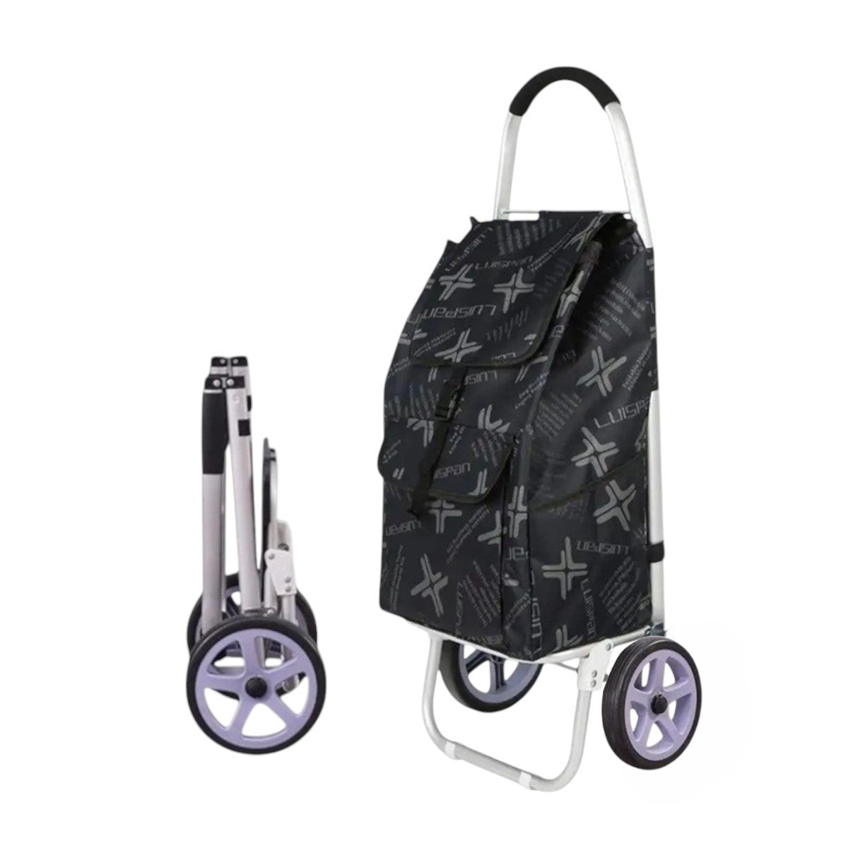 Carucior cumparaturi pliabil cu 2 roti rezistente si sac textil, detasabil cu 2 buzunare laterale, Naimeed D6873, capacitate 49L, 100x45x34cm, Negru