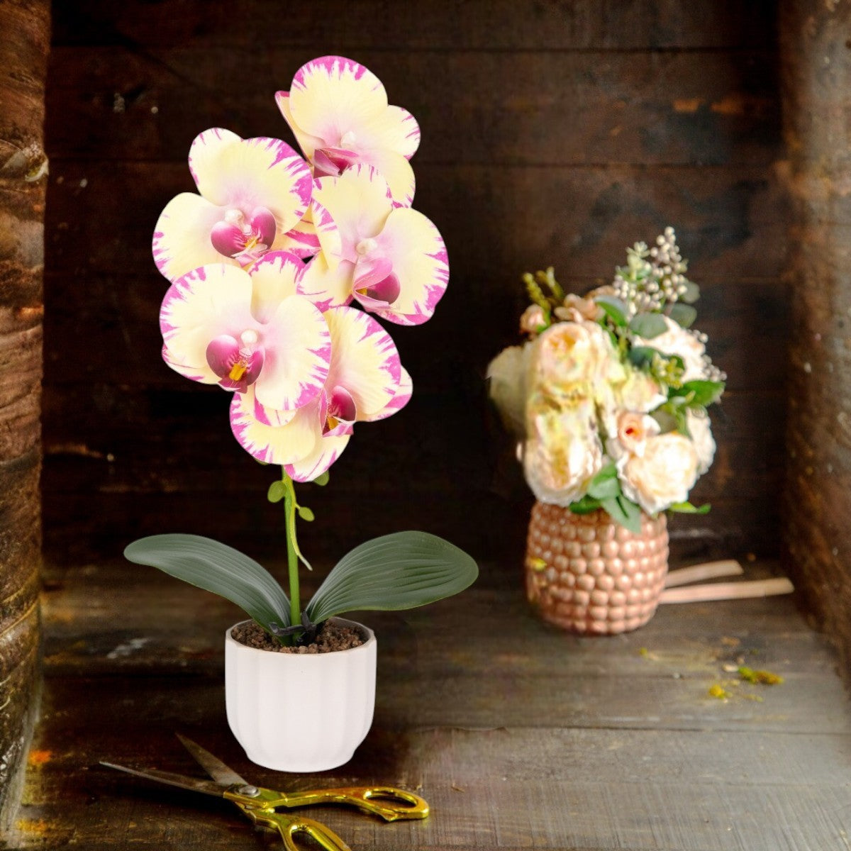 Orhidee cu aspect natural in ghiveci ceramic, 42 cm, Naimeed D6881, Galben pal