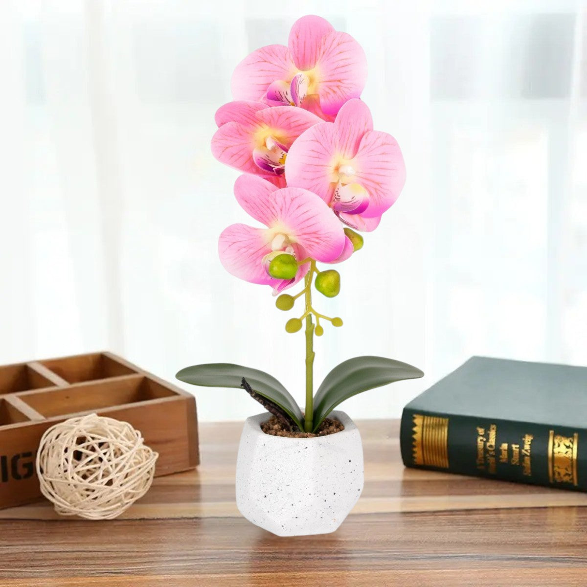 Orhidee cu aspect natural in ghiveci ceramic, 41 cm, Naimeed D6883, Roz