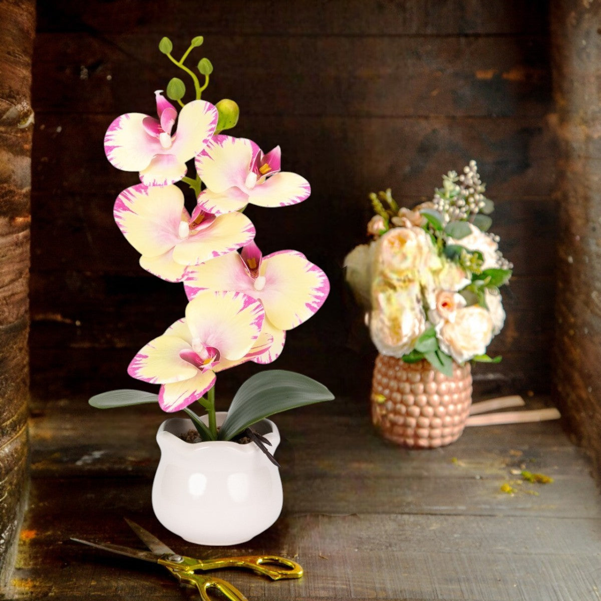 Orhidee cu aspect natural in ghiveci ceramic, 49 cm, Naimeed D6894, Galben pal