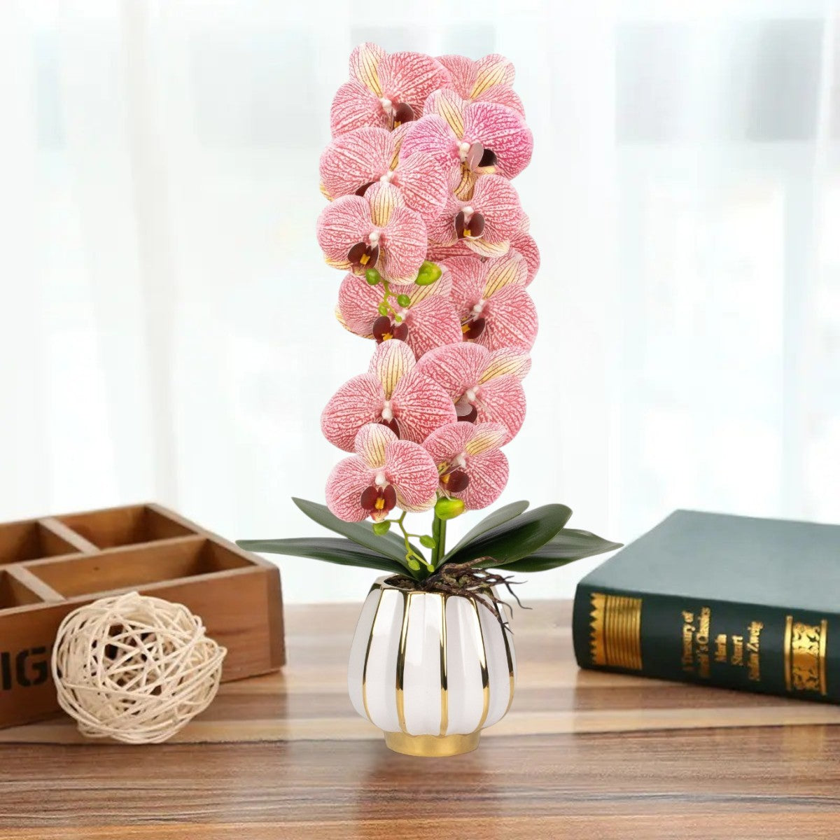 Orhidee cu aspect natural in ghiveci ceramic, 79 cm, Naimeed D6899, Roz