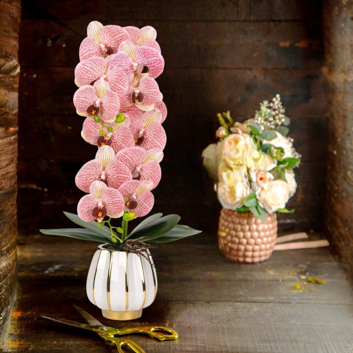 Orhidee cu aspect natural in ghiveci ceramic, 79 cm, Naimeed D6899, Roz