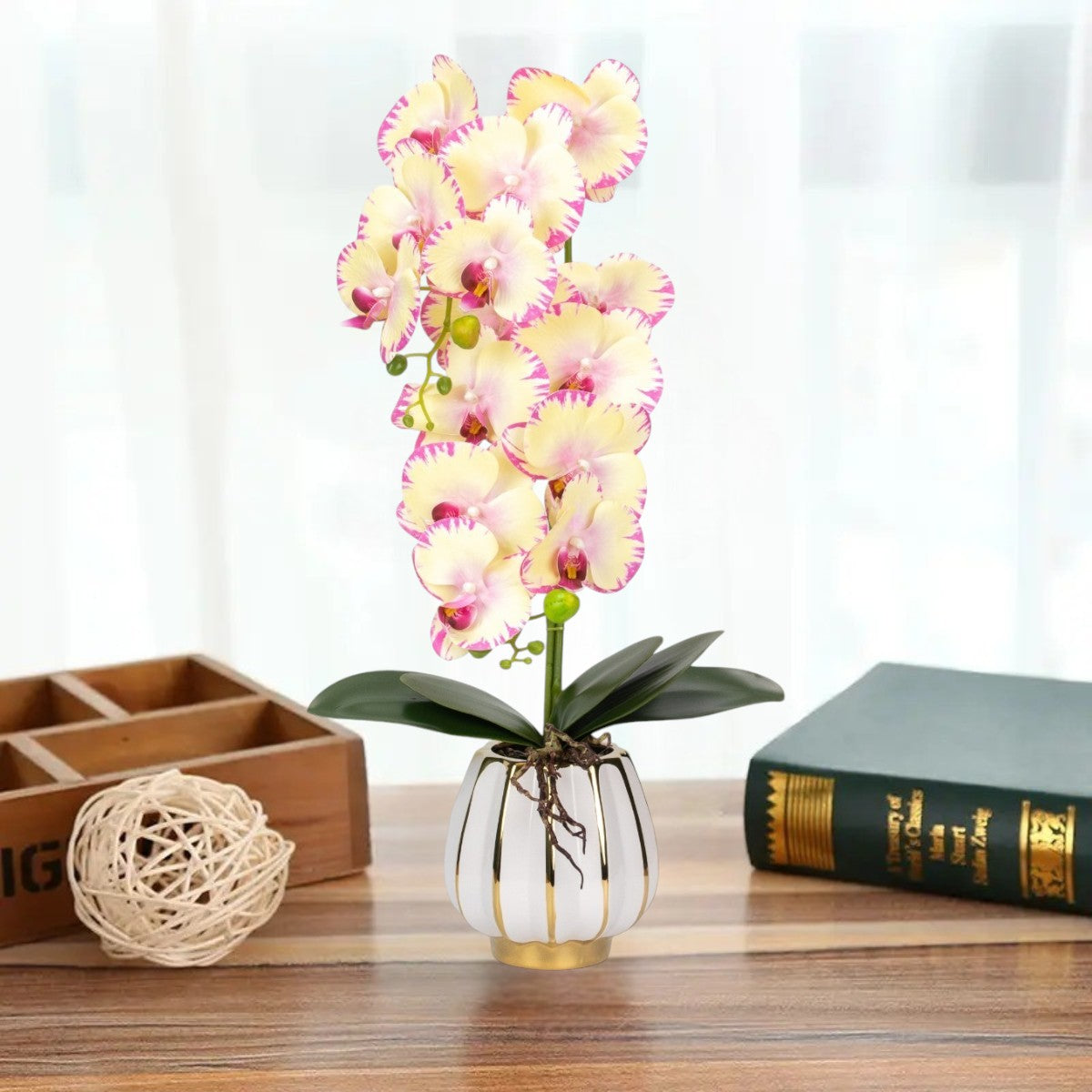 Orhidee cu aspect natural in ghiveci ceramic, 79 cm, Naimeed D6901, Galben pal