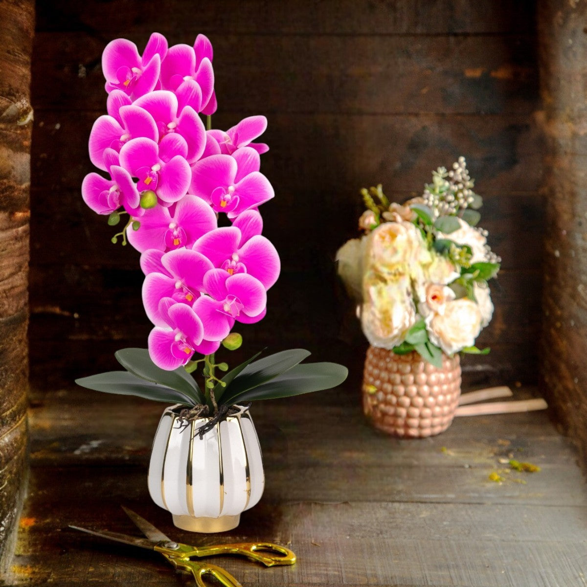Orhidee cu aspect natural in ghiveci ceramic, 79 cm, Naimeed D6902, Fucsia