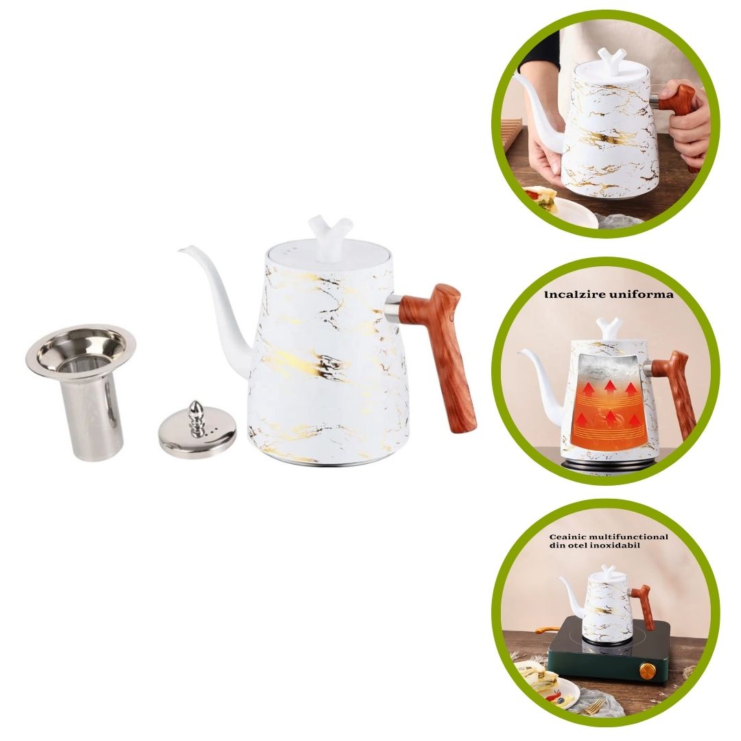 Ceainic cu infuzor si capac, design elegant, otel inoxidabil/plastic, 1500ml, 16.5x13x10cm, Naimeed D6972, Alb