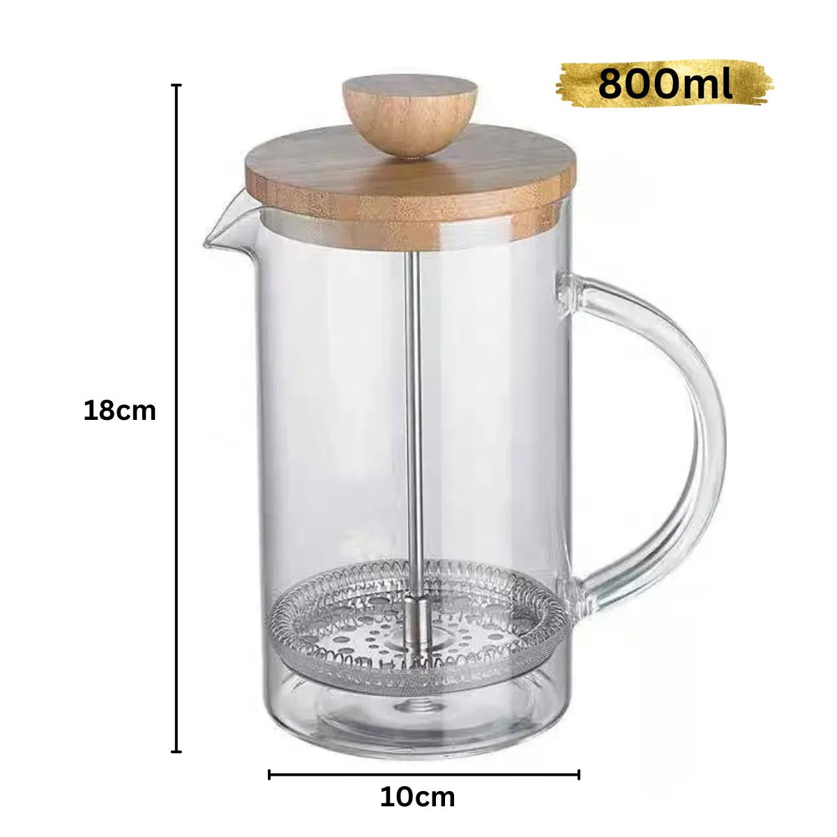 Infuzor French Press din Sticla Borosilicata cu capac din Bambus, Capacitate 800ml, Naimeed D6973, Sticla/Bambus