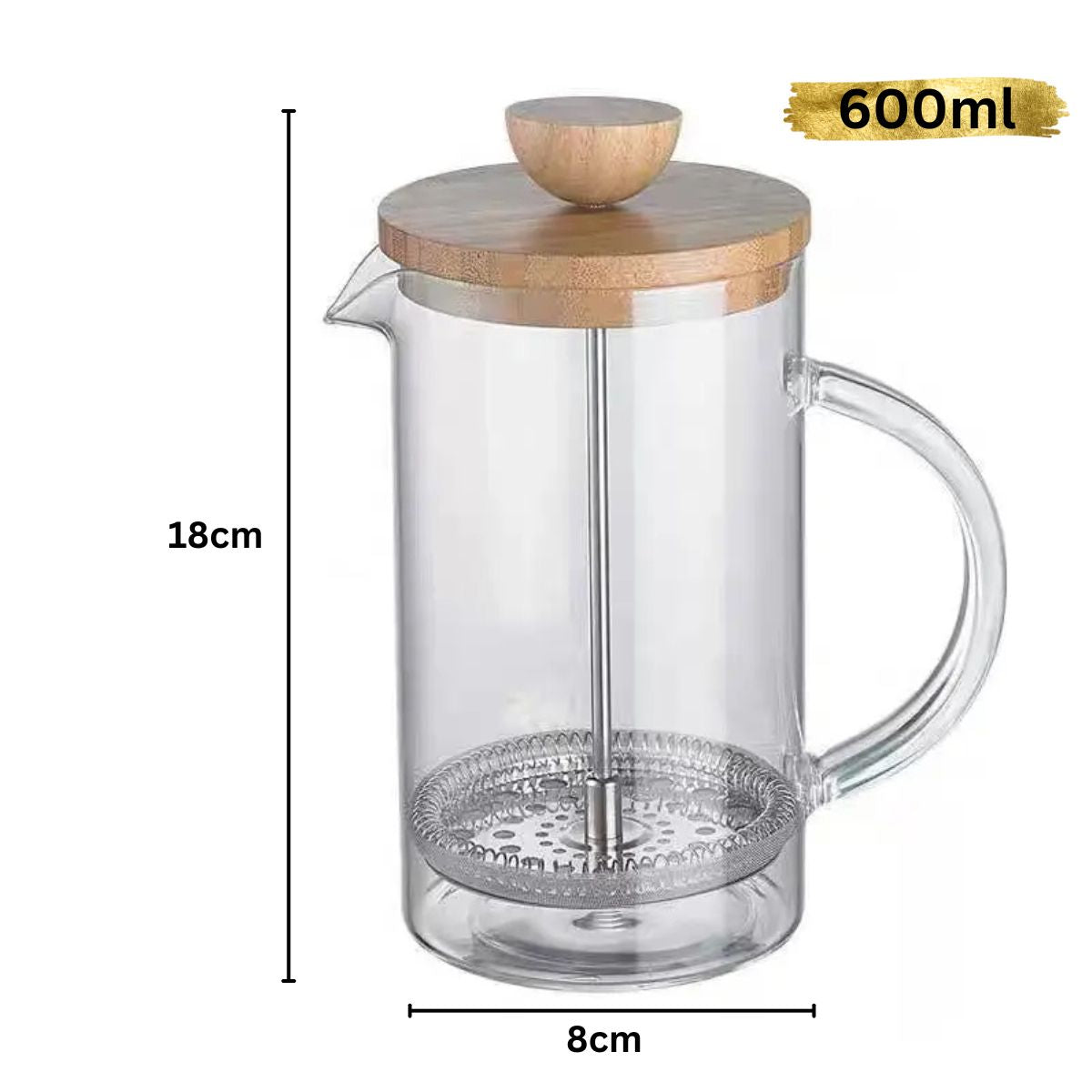Infuzor French Press din Sticla Borosilicata cu capac din Bambus, Capacitate 600ml, Naimeed D6974, Sticla/Bambus