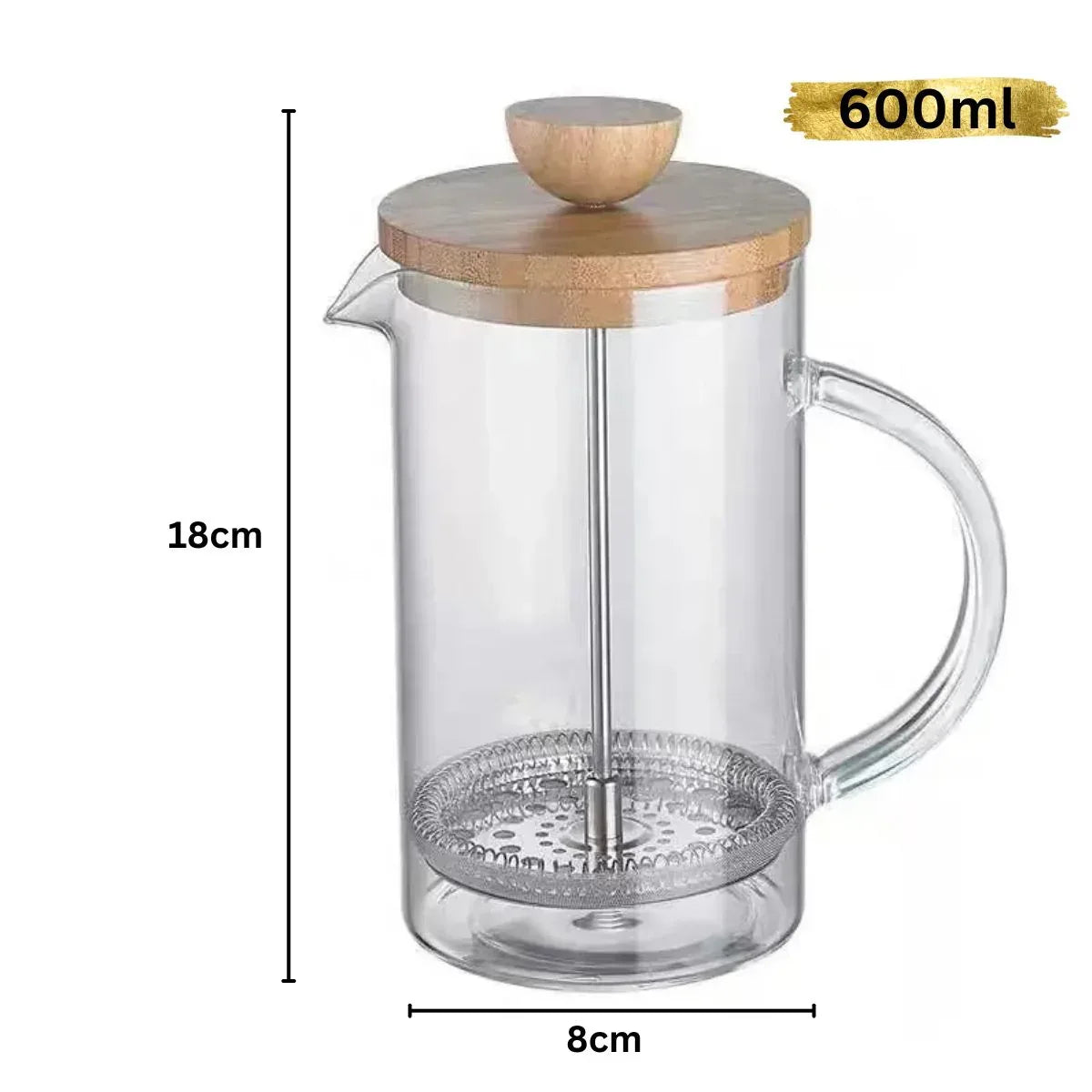 Infuzor French Press din Sticla Borosilicata cu capac din Bambus, Capacitate 600ml, Naimeed D6974, Sticla/Bambus - 221.ro