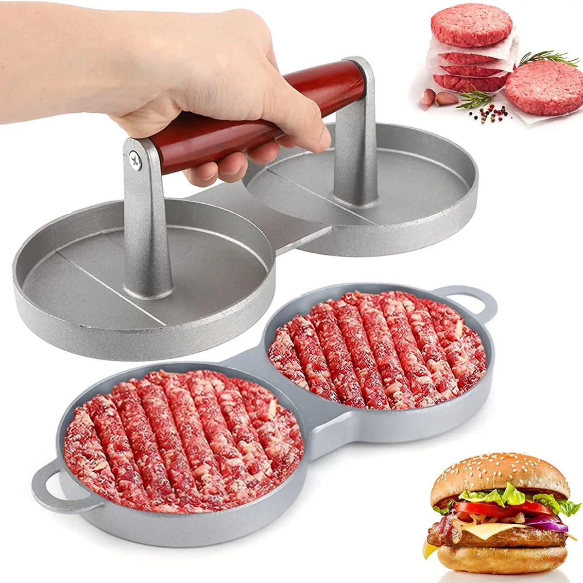 Presa dubla pentru burgeri din aluminiu cu maner din lemni,28.5x12x8.5cm, Naimeed D6998, Gri