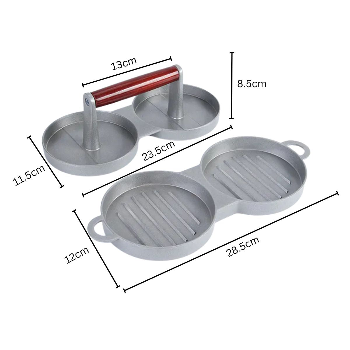 Presa dubla pentru burgeri din aluminiu cu maner din lemni,28.5x12x8.5cm, Naimeed D6998, Gri
