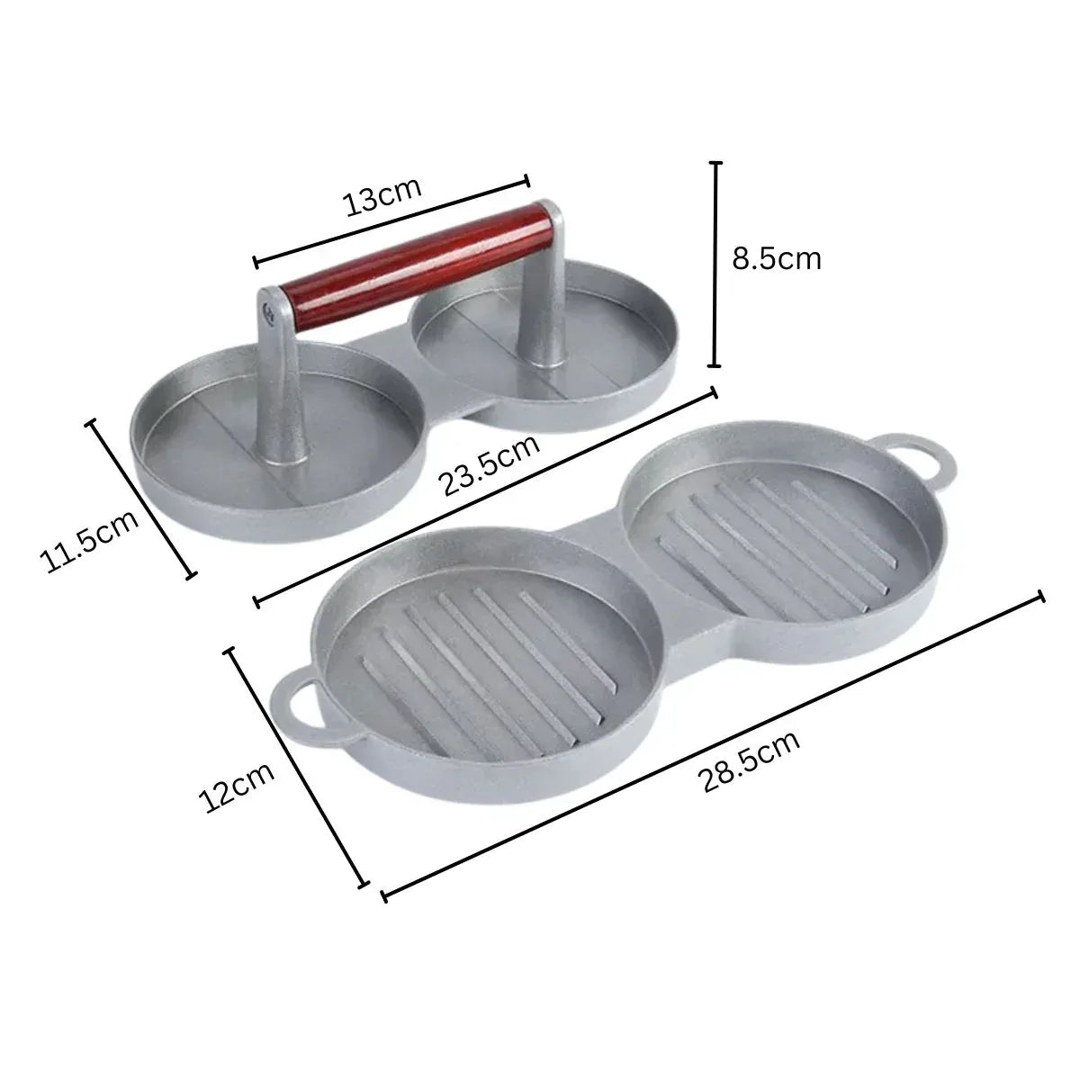Presa dubla pentru burgeri din aluminiu cu maner din lemni,28.5x12x8.5cm, Naimeed D6998, Gri - 221.ro