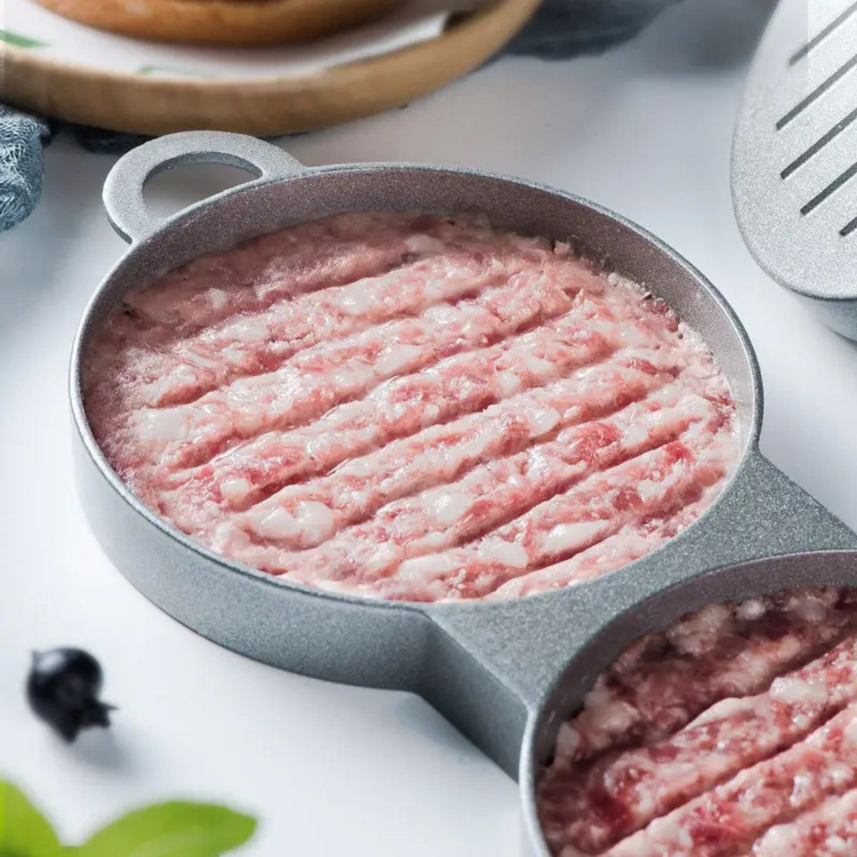 Presa dubla pentru burgeri din aluminiu cu maner din lemni,28.5x12x8.5cm, Naimeed D6998, Gri