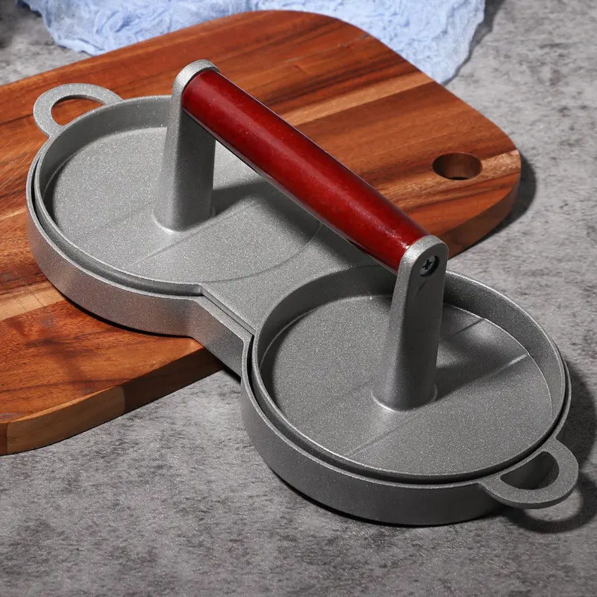 Presa dubla pentru burgeri din aluminiu cu maner din lemni,28.5x12x8.5cm, Naimeed D6998, Gri