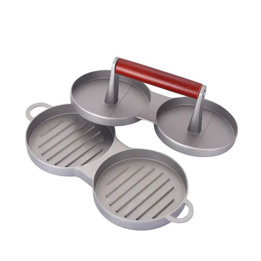 Presa dubla pentru burgeri din aluminiu cu maner din lemni,28.5x12x8.5cm, Naimeed D6998, Gri