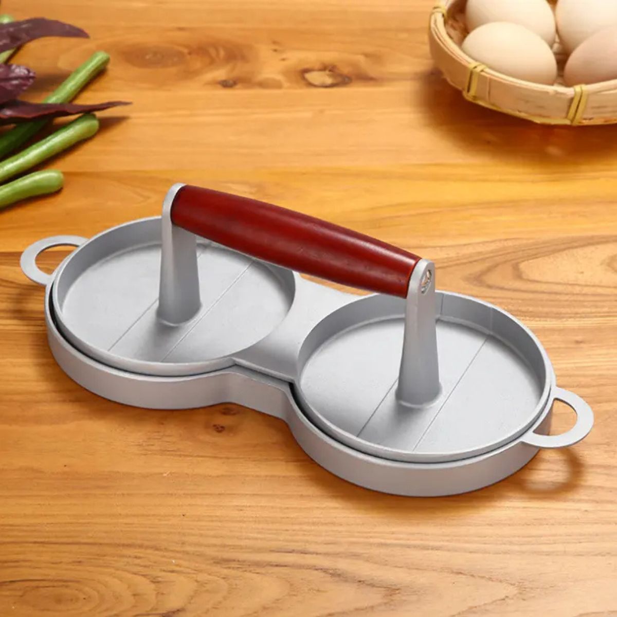 Presa dubla pentru burgeri din aluminiu cu maner din lemni,28.5x12x8.5cm, Naimeed D6998, Gri
