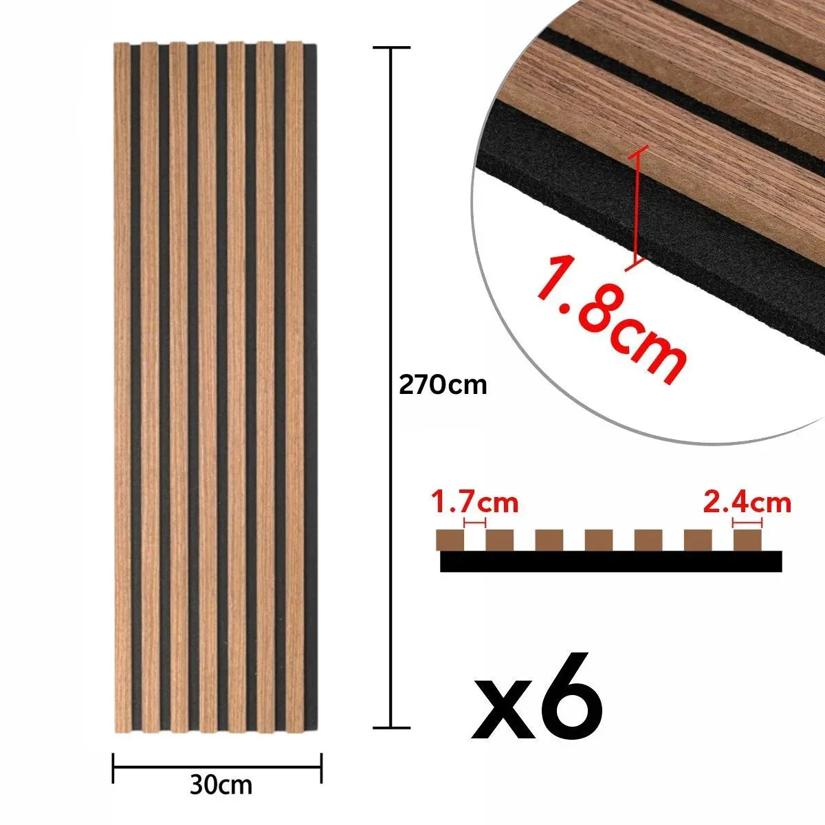 Set 6 Panouri riflaj acustic decorativ, MDF si pasla, Naimeed D7100, 270x30x1.8cm, Stejar natur - 221.ro