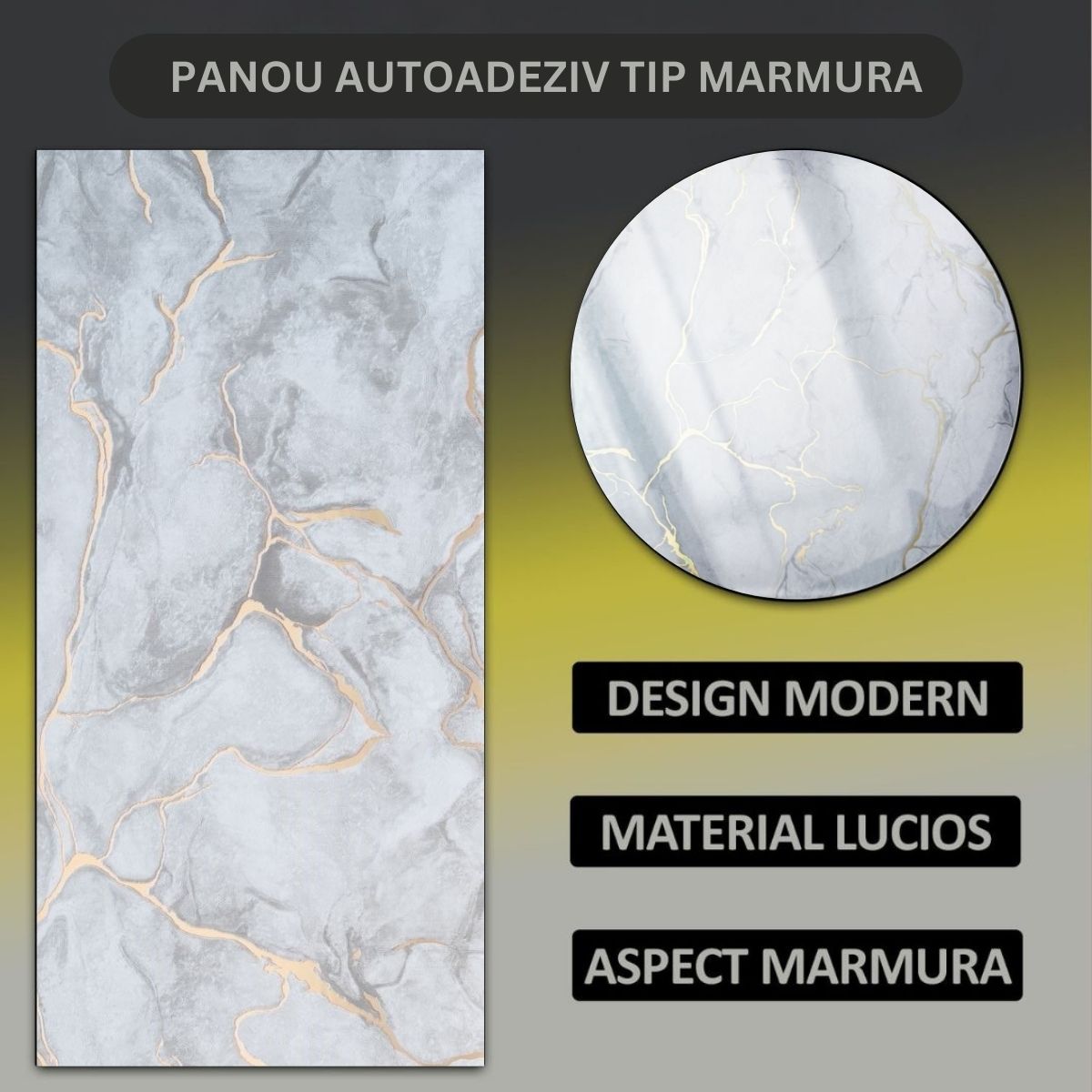 Set 6 panouri decorative autoadezive cu folie de aluminiu, efect marmura, suprafata acoperita 1.08 m², Naimeed D7106, 60x30 cm, Gri