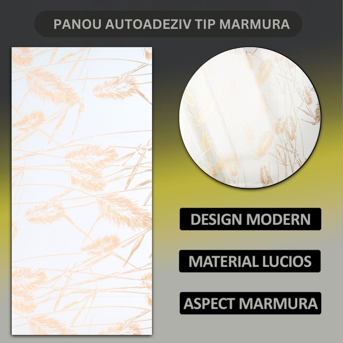 Set 6 panouri decorative autoadezive cu folie de aluminiu, efect marmura, suprafata acoperita 1.08 m², Naimeed D7109, 60x30 cm, Alb