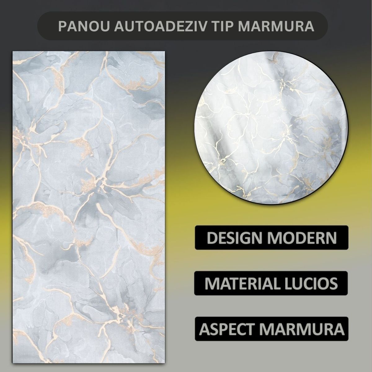 Set 6 panouri decorative autoadezive cu folie de aluminiu, efect marmura, suprafata acoperita 1.08 m², Naimeed D7111, 60x30 cm, Gri