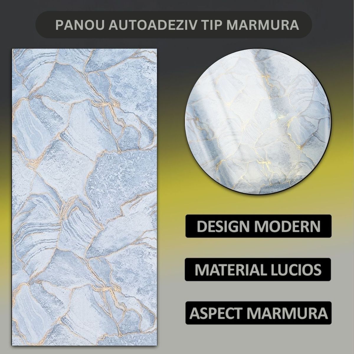 Set 6 panouri decorative autoadezive cu folie de aluminiu, efect marmura, suprafata acoperita 1.08 m², Naimeed D7112, 60x30 cm, Albastru