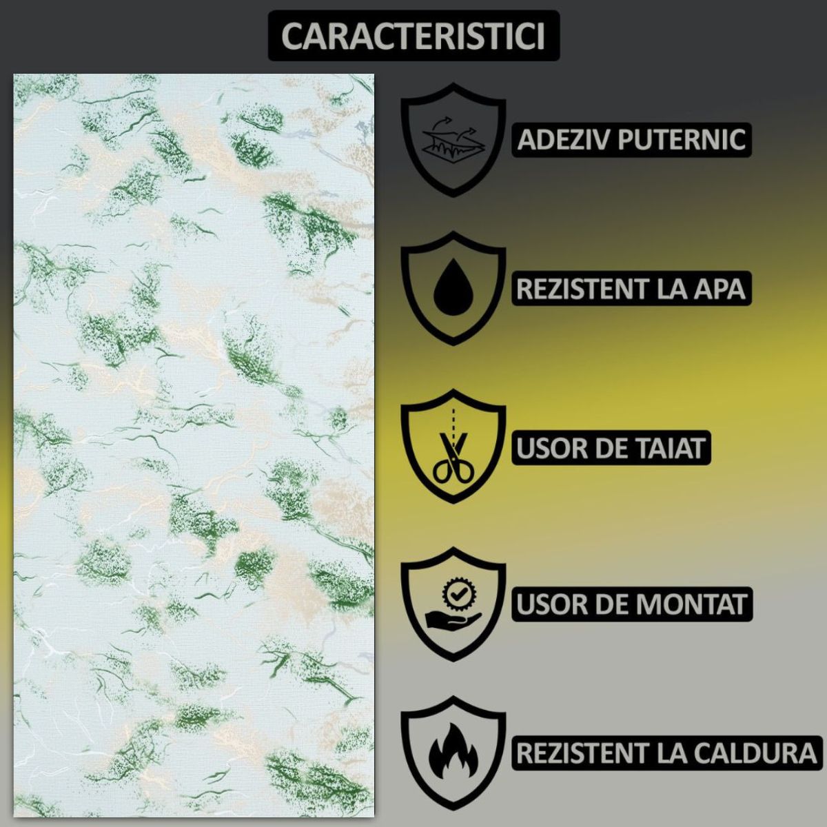 Set 6 panouri decorative autoadezive cu folie de aluminiu, efect marmura, suprafata acoperita 1.08 m², Naimeed D7117, 60x30 cm, Verde