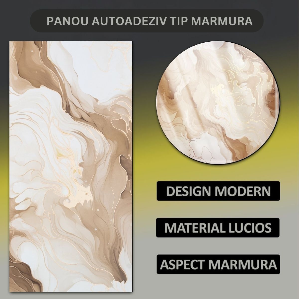 Set 6 panouri decorative autoadezive cu folie de aluminiu, efect marmura, suprafata acoperita 1.08 m², Naimeed D7129, 60x30 cm, Alb/Crem