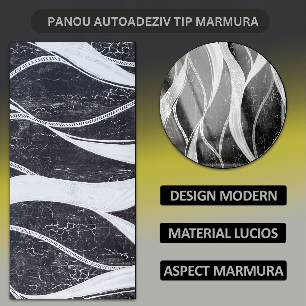 Set 6 panouri decorative autoadezive cu folie de aluminiu, efect marmura, suprafata acoperita 1.08 m², Naimeed D7132, 60x30 cm, Negru