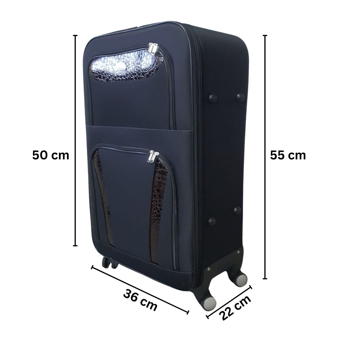 Troler voiaj, Mic, Naimeed D7178, 4 roti duble 360 grade, material textil, inchidere cifru, Negru, 36x22x55cm