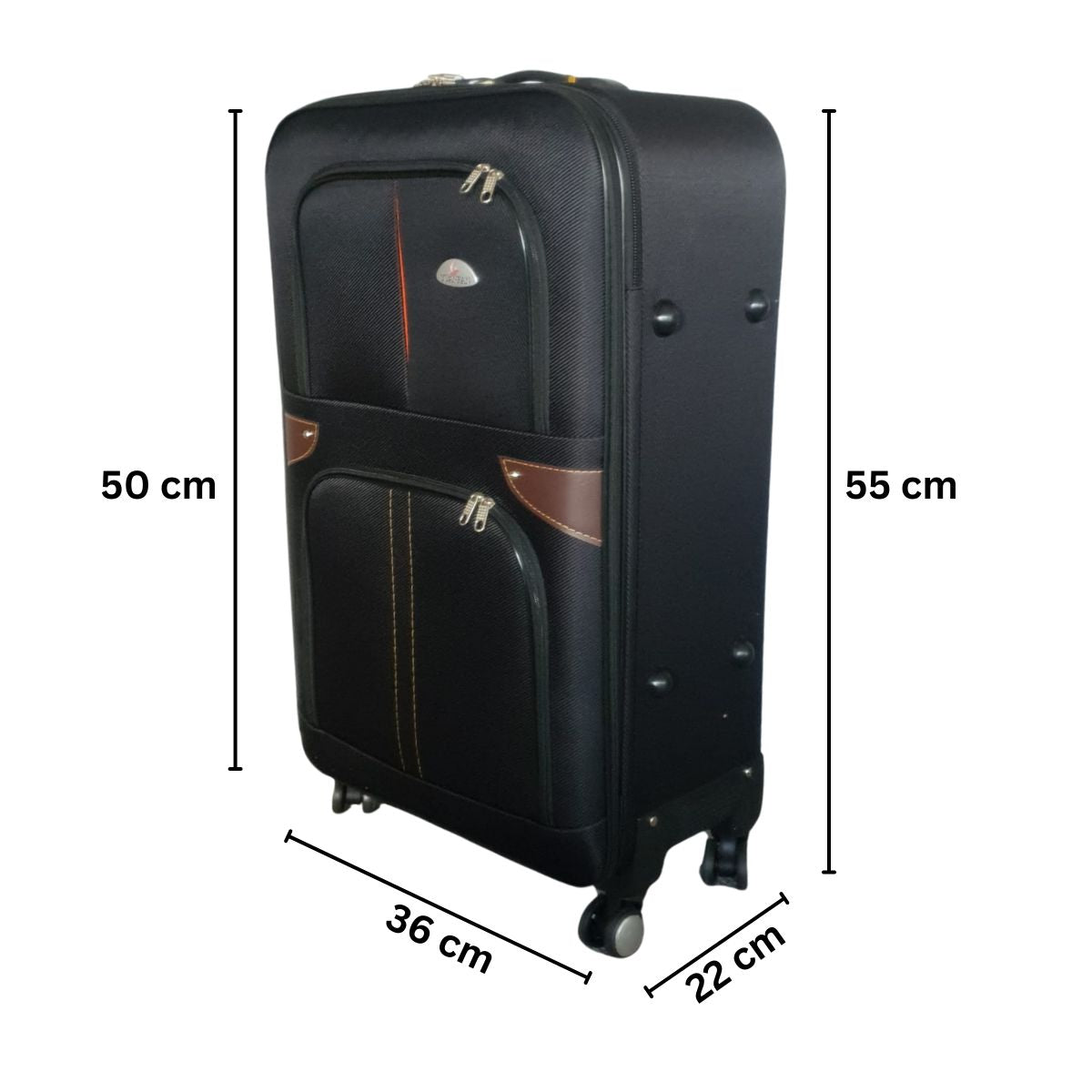 Troler voiaj, Mic, Naimeed D7180, 4 roti duble 360 grade, material textil, inchidere cifru, Negru, 36x22x55cm