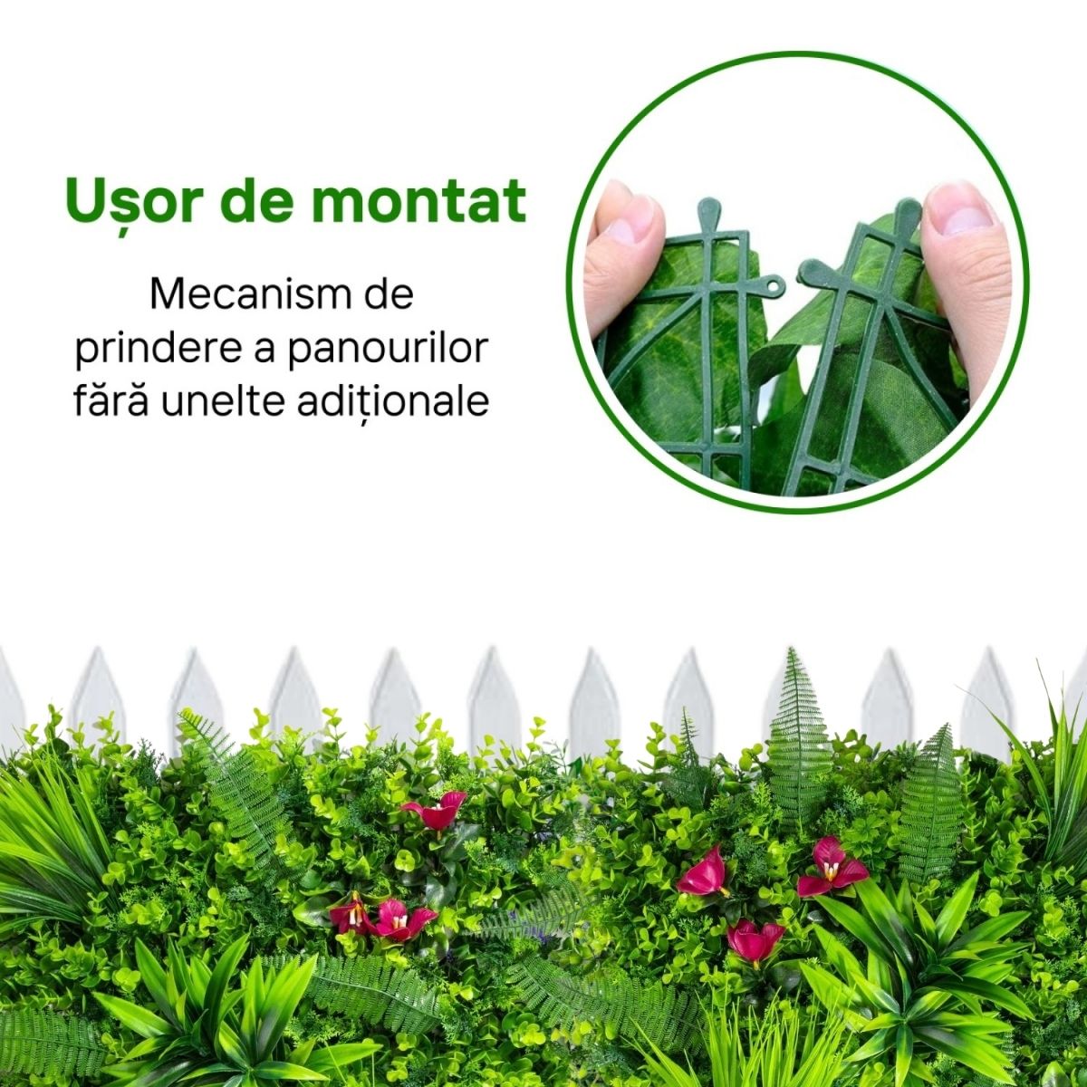 Panou din plante artificiale, cu frunze, Naimeed D7206, Verde, 50X50 cm