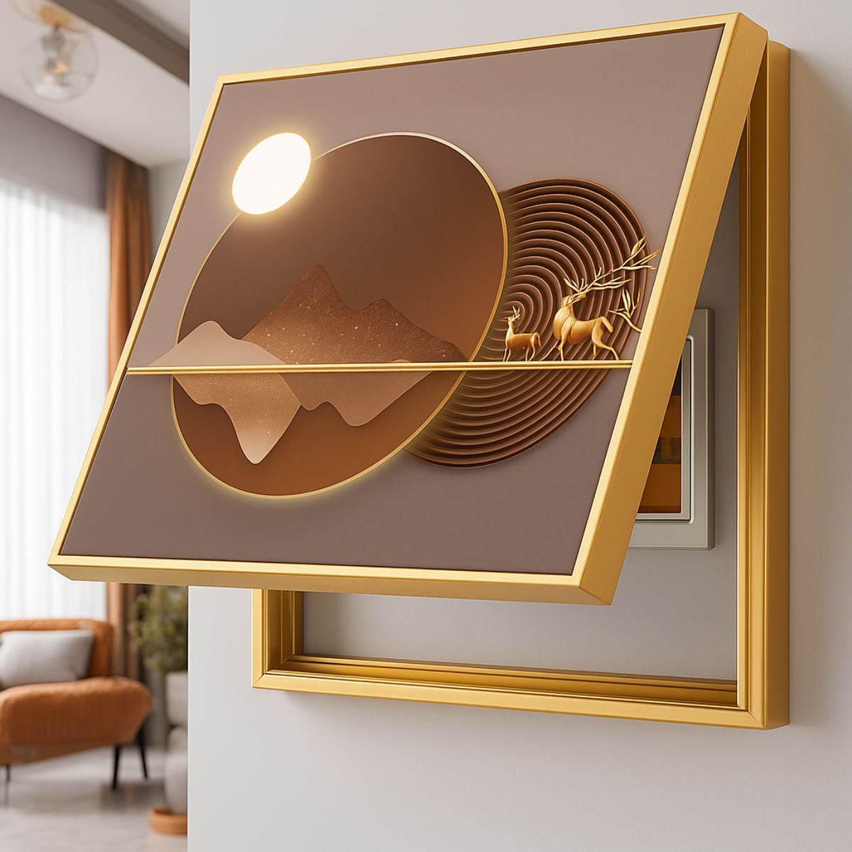 Capac tablou pentru contor electric, Naimeed D7227, mascare tablou electric, design modern si elegant, 40x50x3,8cm, rama aurie