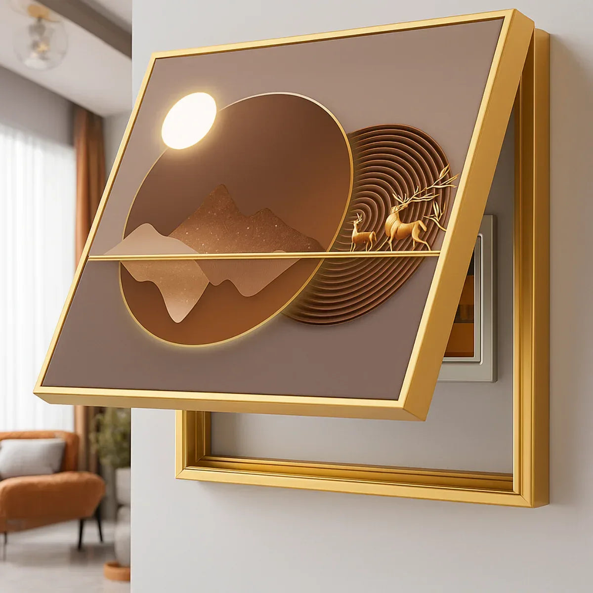 Capac tablou pentru contor electric, Naimeed D7227, mascare tablou electric, design modern si elegant, 40x50x3,8cm, rama aurie - 221.ro