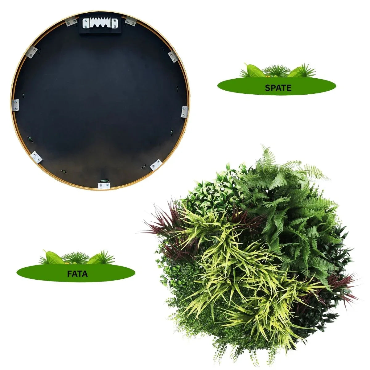 Aranjament decorativ, de perete, cu ramă din aluminiu și plante artificiale Naimeed D7452, diametru 80 cm - 221.ro