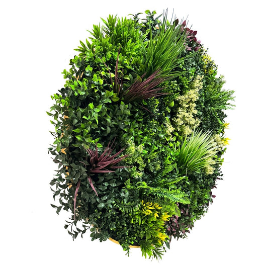 Aranjament decorativ, de perete, cu ramă din aluminiu și plante artificiale Naimeed D7453, diametru 100 cm